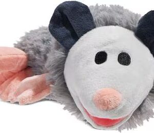 Petify Poppy Possum Thrasher grey squeaky plush dog toy, with crinkle limbs