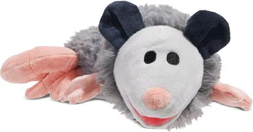 Petify Poppy Possum Thrasher grey squeaky plush dog toy, with crinkle limbs